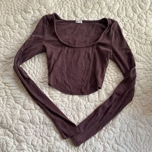 Garage Scoop Neck Long Sleeve Crop Top - Chocolate Brown